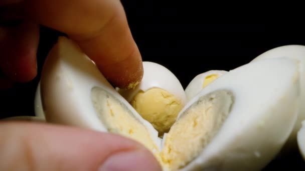 Male Hand Picks Boiled Chicken Eggs Table Camera Glides Them — Video Stock