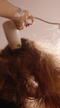 Vertical video. View From Below of a Woman's Long Hair Being Dried With a Hairdryer, Slow Motion.