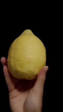 Dikey video. İki Limon, Kara Arkaplanda Kadın Ellerinde Çerçevede Başarılı Bir şekilde Ortaya Çıktı.
