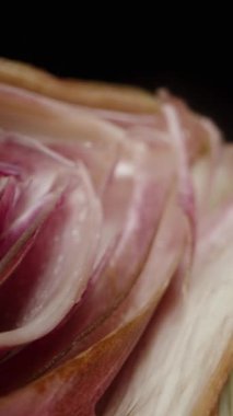 Dikey video. Siyah Arkaplanda İki Dilimlenmiş Taze Enginar. Dolly Kaydırıcı, Yakın plan.