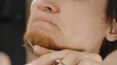 Aynanın Önünde Makasla Kızıl Sakal Kesen Genç Adam, Saçlar Düşüyor, Yavaş Hareket.