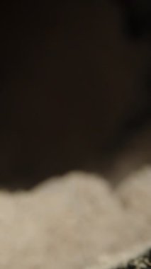 Dikey video. Masanın üzerine dökülen bir kavanoz Protein tozundan çıkan kamera ve diğer spor malzemeleri. Dolly Kaydırıcı, Yakın plan.