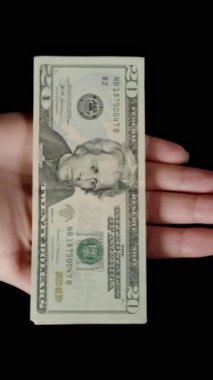 Dikey video. Bir yığın 20 dolarlık banknot rüzgarda uçup gidiyor ve sadece son faturayı yakalamayı başarıyor. Boş Harcamayı Durdurma Konsepti.