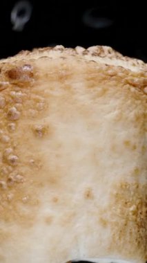 Dikey video. Çubuk Marshmallow, Top Burning ve Siyah Kabuk ile kaplı, Duman Yüzükleri Yayıyor.