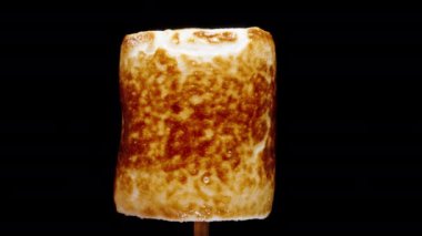 Çubuğun Üstünde Kızarmış Marshmallow 'un Karamel Tatlı Kabuğu Altında Yumuşak Doku. Tatlı Piknik Yemekleri.