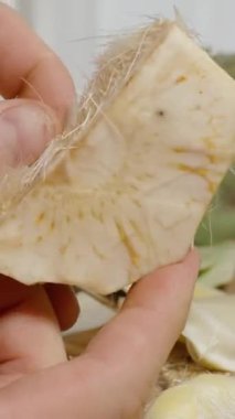 Dikey video. Enginardaki Kıllı Saçlara Dokunan ve İnceleme Yaprakları Masanın Arkasında.