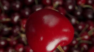 Vişne Dönüyor ve Düşüyor, Kadın El Yakalıyor. Süper Yavaş Hareket, Makro Zoom, Üst Görünüm.