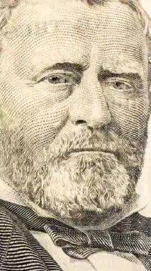 Dikey video. Ulysses Grant, Eski 50 Dolarlık banknot, Yakın Çekim Yakınlaştırma.