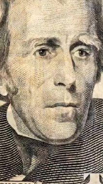 Dikey video. Andrew Jackson 'ın portresi Eski 20 Dolarlık banknot, Yakın Çekim Yakınlaştırma.