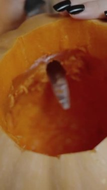 Dikey video. Balkabağının İçindeki Temizlenmişin Yakın Çekimi, Balkabağı Bıçaklı Fener oyan Kadın.