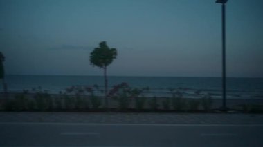 Önünde kırık bir omuz olan bir yol. Nadir ağaçlar ve çalılar plajın yanında geniş okyanusa doğru uzanıyor. Gökyüzü alacakaranlıktır. Huzurlu ve sessiz bir atmosfer yaratır..