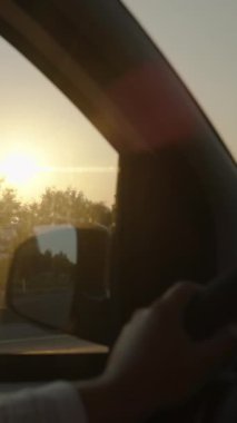 Dikey video. Sahil boyunca yavaş çekim, Palmiye ağaçlarının arkasında batan güneş ve arabanın camından içeri sıcak bir ışık süzülmesi..
