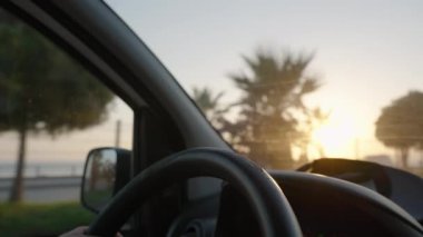 Arabadan Yavaş Film Görüntüsü, Okyanusun Üzerinden Güneş Batıyor, Yolu ve Ağaçları Yumuşak, Altın Işıkla Aydınlatıyor.