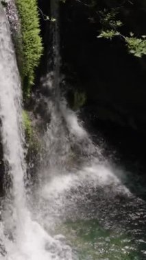 Dikey video. İkiz şelaleler yosunlu kayalıkların üzerinden aşşağıya, aşağıdaki temiz bir havuza dökülüyor. Yeşillik serinliği arttırır ve doğal manzarayı tazeler.