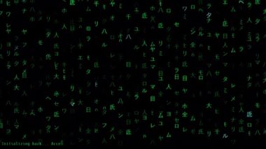 Yeşil Japon Karakterleri Bir Siyah Ekran Arasında, Bir Hacker Arayüzü Benzetimi, Sistem Erişimi ve Veri Çıkarmasını Belirten İletiler.