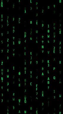 Dikey video. Sayısız Yeşil Alfanumerik Karakter Siyah Ekran 'a Dikey Düşerek Dijital Bilgiler ya da Kod Çalıştırmayı Temsil Eder.