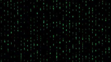Yoğun Yeşil Alfanumerik Karakterler Siyah Ekran 'a Dikey Düşerek Matris Biçimli Dijital Yağmur Efekti Oluşturur, Veri Akımını Temsil Eder.