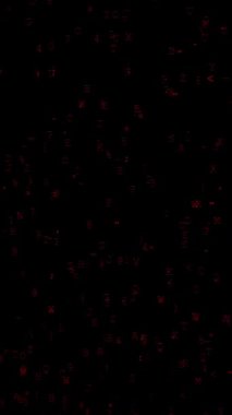 Dikey video. Birler ve Zeroların Kırmızı İkili Kodu Siyah Ekran 'a Dikey Düşerek Dijital Veri Akışı veya Uyarı Duyusu Oluşturur.