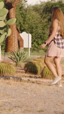Dikey video. Kaktüsle Dolu Günışığı Bahçesinde Dolaşan Kadın, Yuvarlak Kaktüs ve Uzun Yeşillik 'in yanından geçiyor..