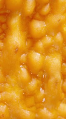 Dikey video. Bitter Melon 'un Dokulu Cildinin Aşırı Yakın Çekimi, Küçük Lumlar ve Turuncu Yüzeyin Parlak Görünümünü Vurgulamak İçin Yavaşça Dönüyor.