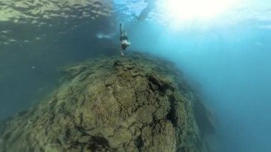 İki Şnorkelli Bir Kayalık Deniz Altında Yüzüyor, Gün Işığı Işıltısı Açık Mavi Su 'da Parlıyor.