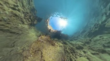 Yüzeyde Bir Erkek ve Kadın Çemberi, Kamera Deniz yatağında dinlenirken, Sersemletici Delik Gezegeni 360, Küresel Panorama Efekti, Güneş Işığı Aralarından Akıyor.