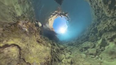 Bir adam derin bir mağarada yüzeye doğru yüzerken 360. Delik Gezegeni ile yakalanır, Küresel Panorama Efekti, Eşsiz bir Sualtı Perspektifi yaratır..