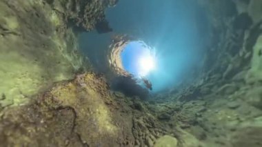 Bir dalgıç, Güneş Işığı 'na doğru Rocky Tüneli' nden yükselir, 360. Delik Gezegen Küresel Panorama Efekti ile yakalanır, Sualtı Mağarası 'nın Derinliğini ve Ölçekini Gösterir..