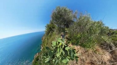 Kaktüs yakınlarında dinlenen bir adamın geniş açılı manzarası, arka planda parlak güneş ve okyanus, kıyı manzarasının doğal güzelliğini gösteriyor..