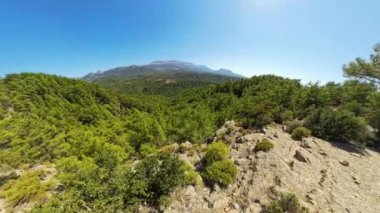 Kayalık bir patika, arka planda dağlar olan sık bir ormana bakar. Geniş açı perspektifi parlak bir gökyüzünün altındaki engebeli araziyi ve geniş yeşilliği vurgular..