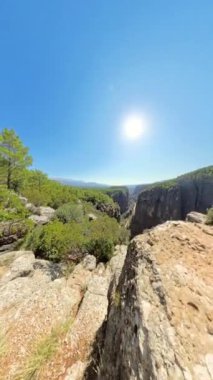 Dikey video. Bir kadın derin bir kanyona bakan ve yemyeşil ormanlarla çevrili kayalık bir uçurumda duruyor. Geniş açı, dik düşüşü ve geniş manzarayı vurguluyor..
