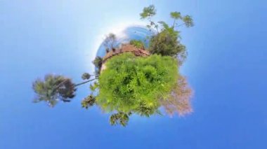 Bir Minik Gezegen efekti, açık mavi gökyüzünün altında okyanusun görülebildiği yeşil yeşil ve çevreleyen ağaçları dairesel bir manzaraya dönüşürken yakalar..