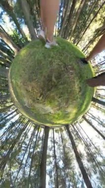 Dikey video. Güneşli bir ormanda yürüyen bir çiftin küresel panoramik görüntüsü doğanın güzelliğini vurguluyor ve olay yerine gerçeküstü, dairesel bir perspektif ekliyor..