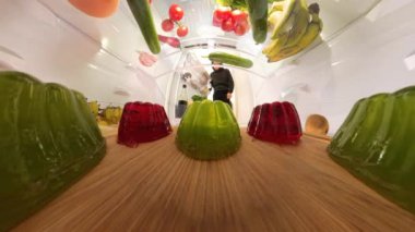 Buzdolabının içinden Dolly zoom görüntüsü. Bir adam yeşil jöleyi tatmak için kaşık kullanıyor. Tatlının yumuşak dokusunu ve salınımını yakın plan çekimde yakalıyor..