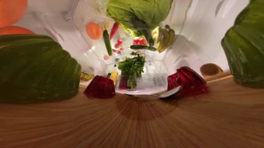 Buzdolabının içinden gelen bozuk bir doli zoom perspektifi, taze ürünlerle dolu bir tepside kırmızı ve yeşil jöle ve kısmen yenmiş bir jöle içinde dinlenen bir kaşık gösteriyor. Görünüm derinliği ve hareketi vurgular.