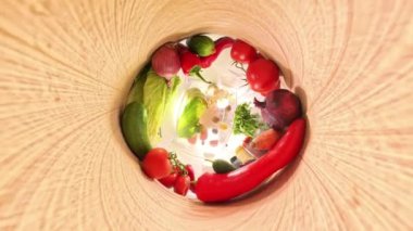 Buzdolabının içinde domates, salatalık, biber ve soğan gibi canlı sebzeleri zoom ile birleştirip dokuları ve renkleri vurguluyor..