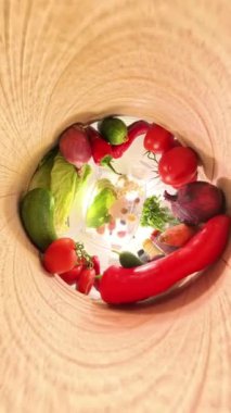 Dikey video. Buzdolabının içinde domates, salatalık, biber ve soğan gibi canlı sebzeleri zoom ile birleştirip dokuları ve renkleri vurguluyor..