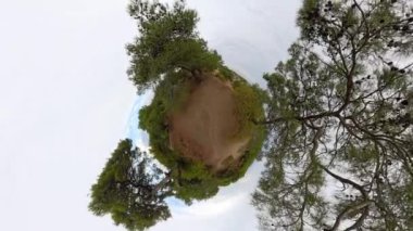 Dairesel bir dönüş efekti, kumlu bir orman manzarasının küçük bir gezegen görüntüsünü yakalar. Bulutsuz bir gökyüzü altında ağaçların ve arazinin pürüzsüz harmanlanmasıyla vurgulanır..