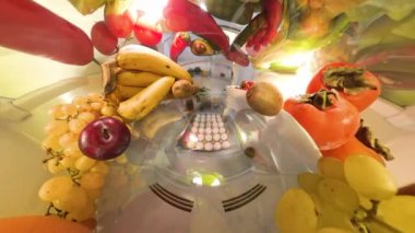 Doli zoom, renkli meyve ve sebzelerle çevrili buzdolabı kutusundan yumurta seçen bir adamı yakalar ve dinamik ve daldırıcı bir mutfak sahnesi yaratır..