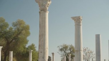 Düz bir perspektifte antik bir harabenin beyaz mermer sütunları, dağınık bitki örtüsü ve arka planda berrak bir gökyüzü.
