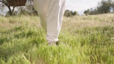 Mavi Paskalya Yumurtası, Çimenlerde, Renkli Yumurta ve Çiçeklerle dolu bir sepetin yanında saklıdır. Yavaş çekim.