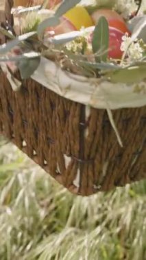 Dikey video. Bir kadın yürür gider, bir sepet renkli Paskalya yumurtası taşır ve çiçekleri güneşli bir tarladan geçirir..