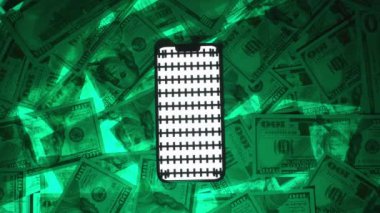 Beyaz Ekran Mockup ve İzleme İşaretleri ile Smartphone 'da Zoom Jesti Yapan Bir Elin En İyi Görüntüsü, ABD Yüz Dolarlık Faturaların Yeşil Parlak Arkaplanı Karşısında, Dijital Etkileşim ve Finansmanı Sembolize Ediyor