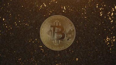 Çekirdekten çıkan altın röflelerin ortasında, Dijital Zenginlik ve Dünyevi Kaynaklarla Bağlantı Metaforunu vurgulayan Bir Bitcoin Sikkesi