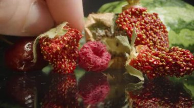 Yansıtıcı yüzeyde kurutulmuş kivi ve ahududu yanında görülebilir tohumlu kurutulmuş çilek tutuyorum. Doku ve meyve çürümesine odaklan