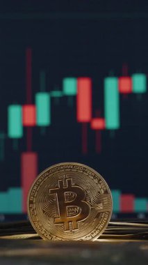 Dikey video. Arka planda Dolar Faturaları ve Ticaretle Odaklanan Bitcoin Parası Yükselen Mali Eğilimleri Gösteriyor