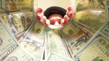 Yüz Dolarlık banknotlarla dolu geniş açılı bir görünüm Meraklı bir İfadeyle Paylaşıp Para Derinliğini Vurguluyor. Finansal Bolluğun Keşfi