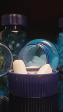 Dikey video. Mavi İlaçlar ve Kapsüllerle çevrili Mavi Kapsüllerin Üzerinde Tek Bir Beyaz Tablet Tutmak, Canlı Bakış Açısı