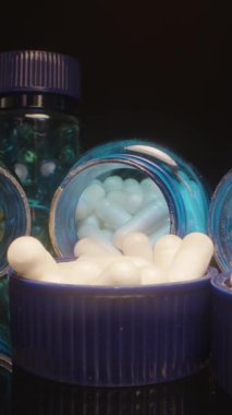 Dikey video. Mavi Kapsülün Üzerinde Tek Bir Beyaz Kapsül Tutuluyor İçinde İlaçlar ve İlave Şişeler, Siyah Arkaplan Macro Manzarası