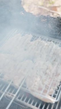 Dikey video. Aşağıdaki Alevler Yoğunlaşırken, Kablo Rafındaki Izgara Et Yanmasını Önlemek İçin Kaldırıldı, Çevresindeki Artan Duman Açık Arkaplan Bulanık, Yavaş Hareket Efekti